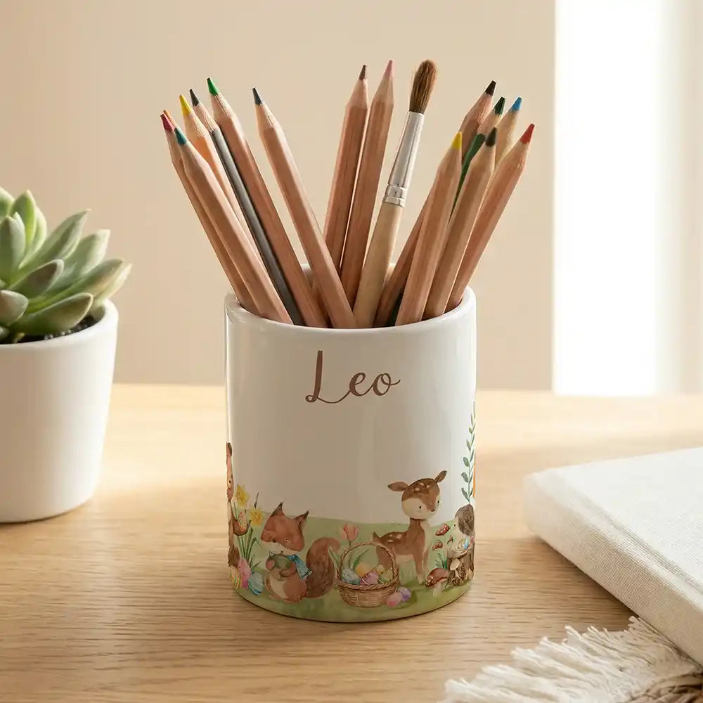 Personalisierter Stiftehalter Ostern Frühlingswiese - Keramik weiß-matt - Detailansicht