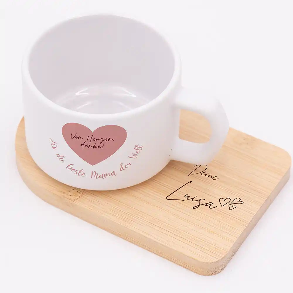Muttertagsgeschenk Keramikbecher Von Herzen danke – Rosa Herz – matter Keramikbecher personalisiert mit Bambus-Untersetzer Gravur