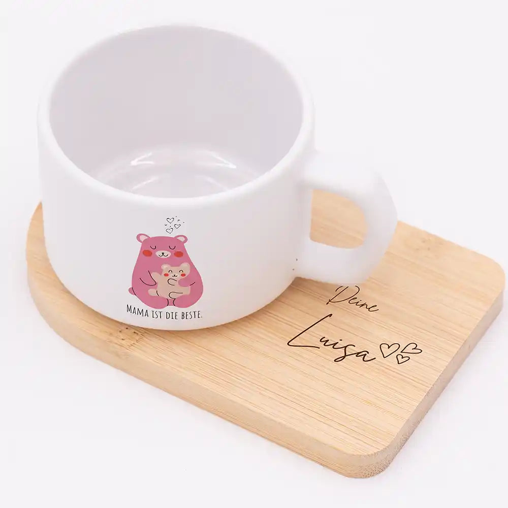 Muttertagsgeschenk Keramikbecher Bär Mama & Kind – matter Keramikbecher personalisiert mit Bambus-Untersetzer Gravur