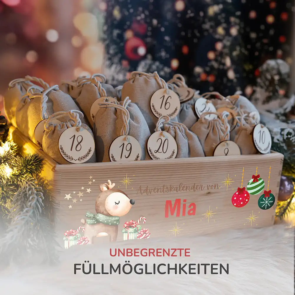 Personalisierte Adventskiste zum Befüllen - Reh mit Geschenken