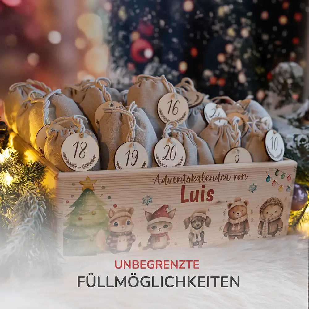 Personalisierte Adventskiste zum Befüllen - Tierfamilie im Winterwald