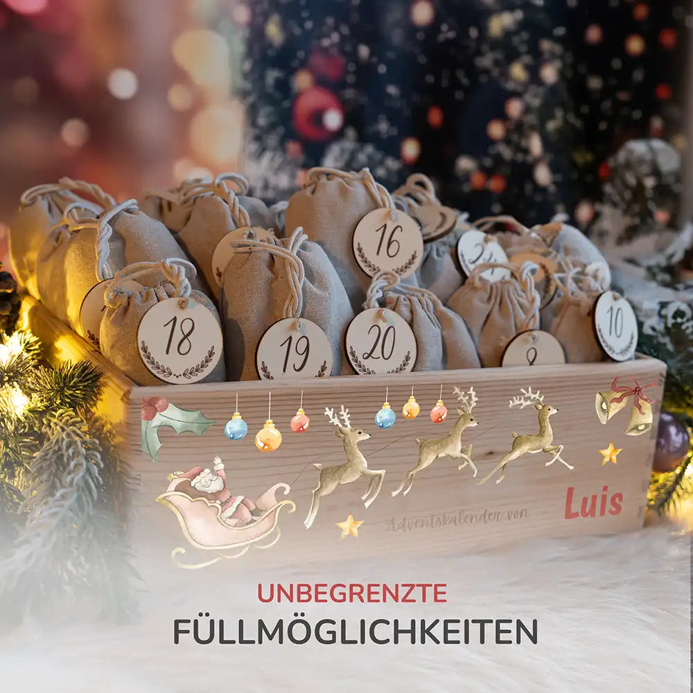 Personalisierte Adventskiste zum Befüllen - Rentier mit Schlitten