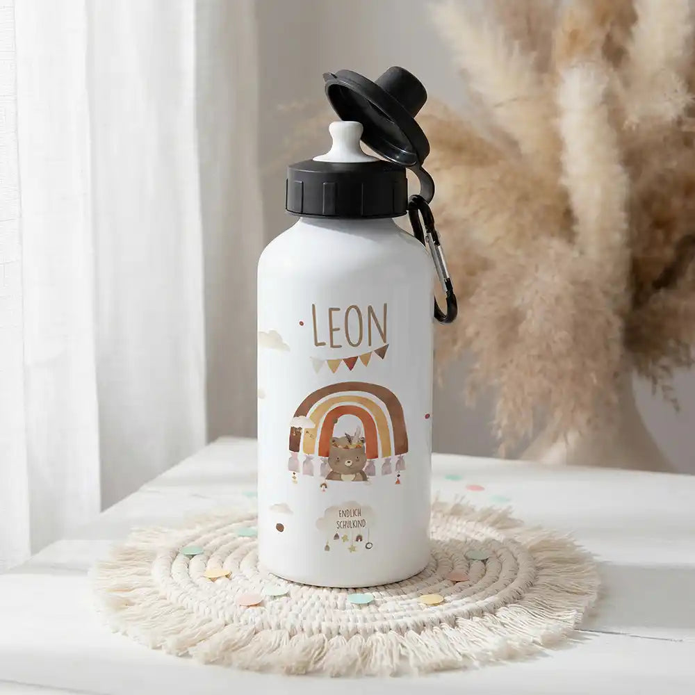 Personalisierte Trinkflasche Kinder Bär Regenbogen Schulkind