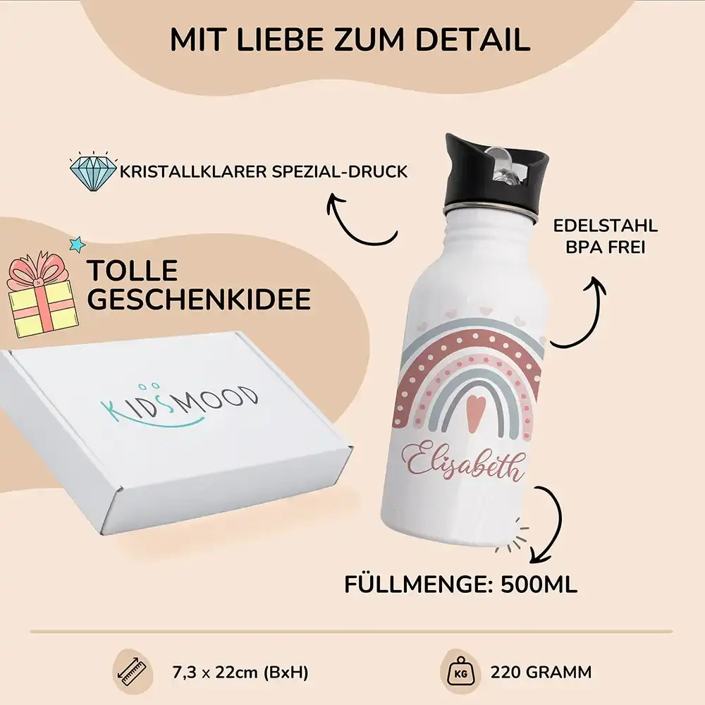 Trinkflaschen Kinder Edelstahl - Regenbogen - Personalisierbar mit Namen