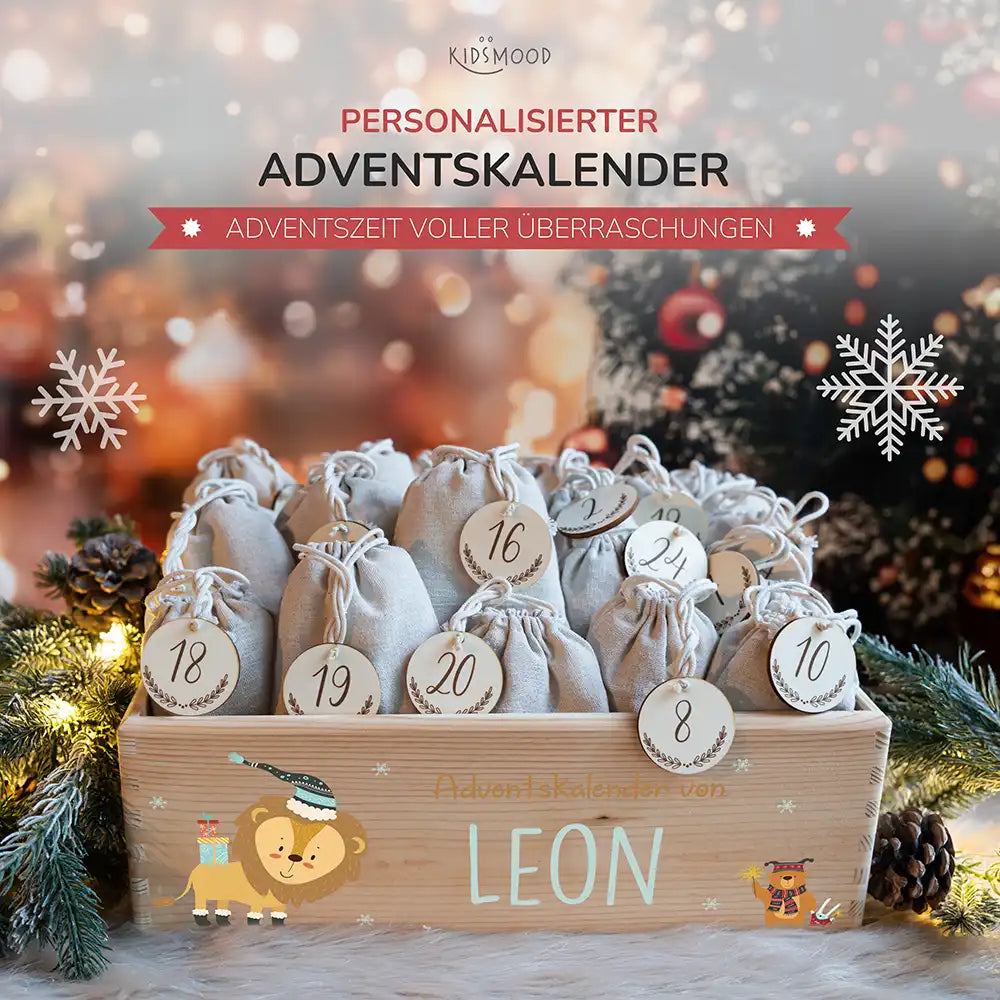 Personalisierte Adventskiste zum Befüllen - Löwe und Bär