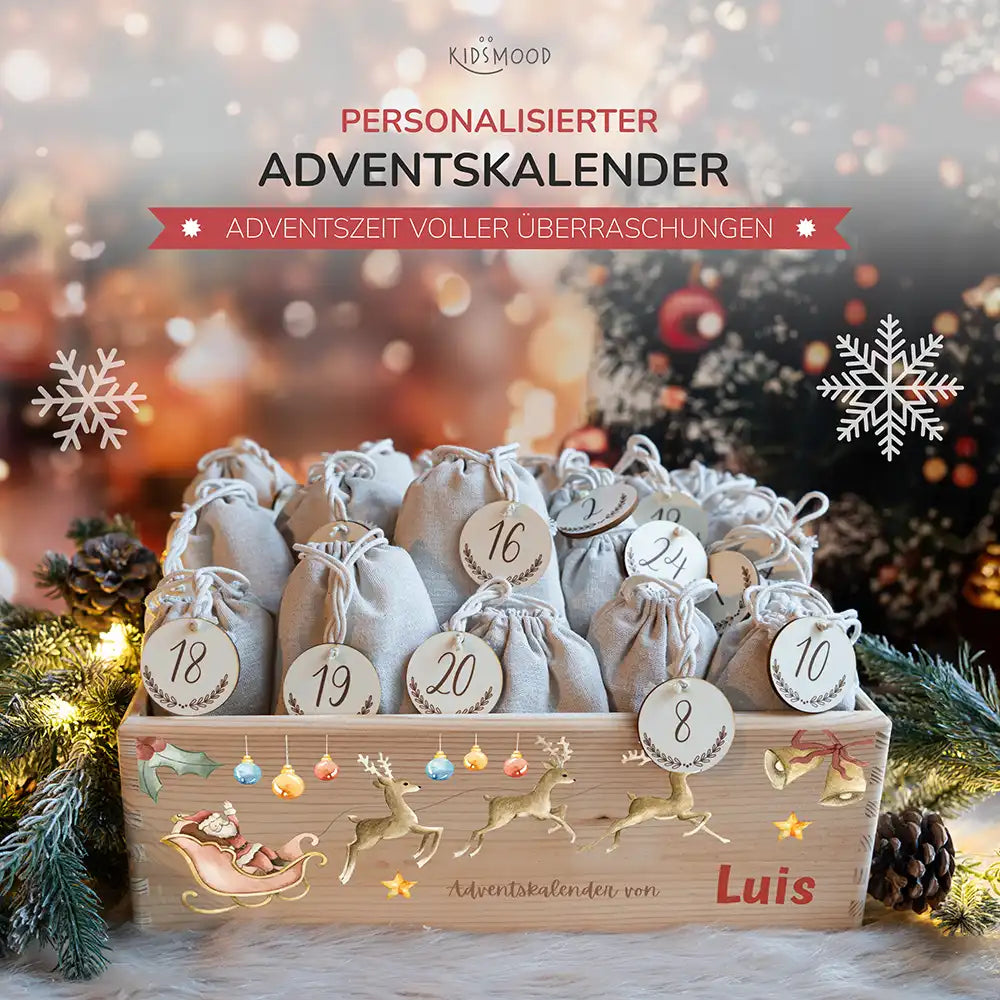 Personalisierte Adventskiste zum Befüllen - Rentier mit Schlitten