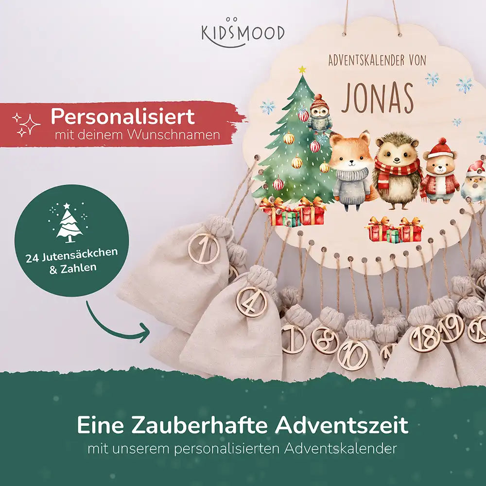 Personalisierter runder Adventskalender Kinder aus Holz  - Weihnachtsfreude