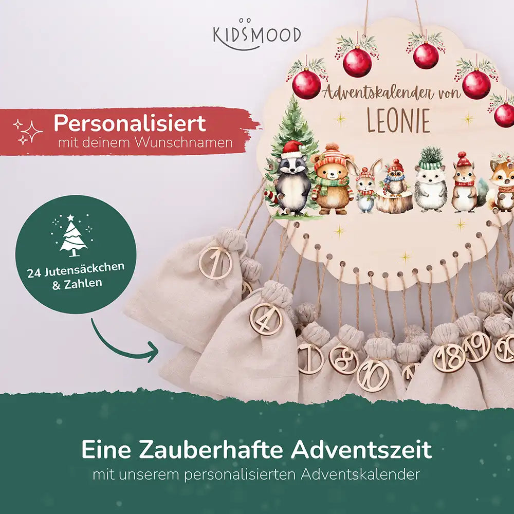 Personalisierter runder Adventskalender Kinder aus Holz  - Kuschelige Winterfreunde