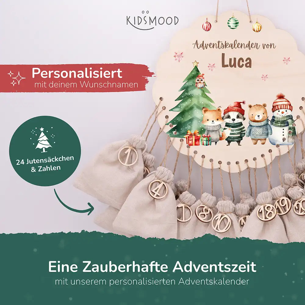 Personalisierter runder Adventskalender Kinder aus Holz  - Tierische Weihnachtsbande