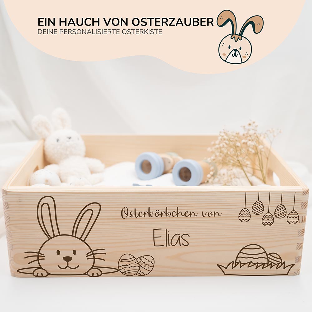 Osterkiste Holz personalisiert - Der lächelnde Hase