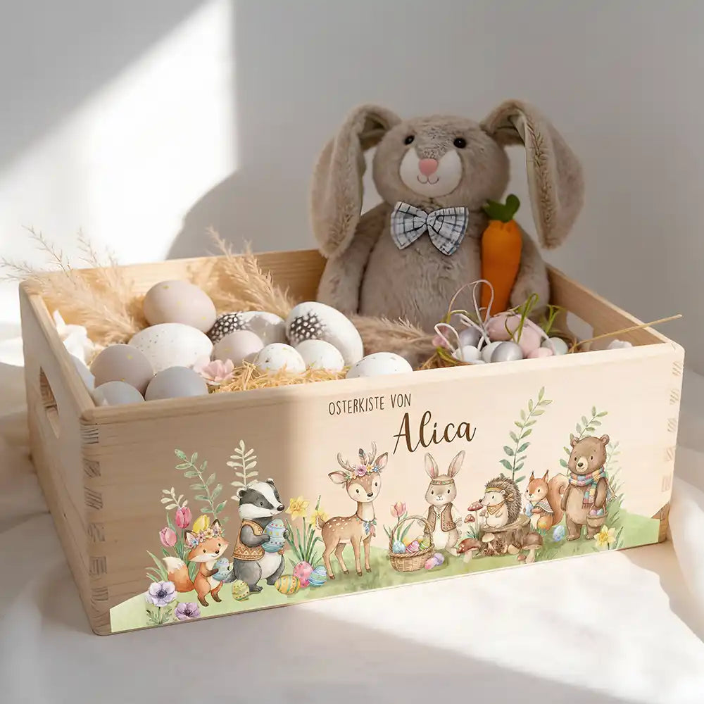 Osterkiste Holz personalisiert - Tiere im Waldglück
