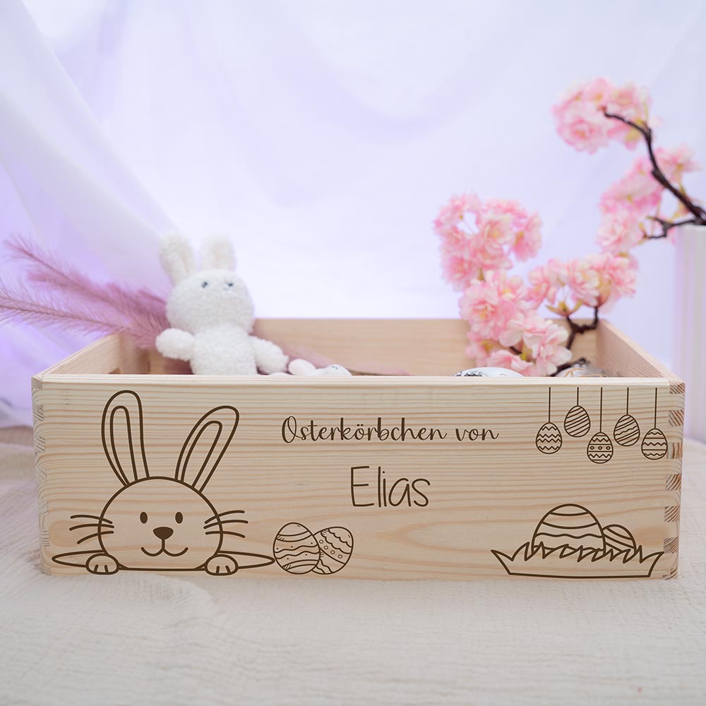 Osterkiste Holz personalisiert - Der lächelnde Hase