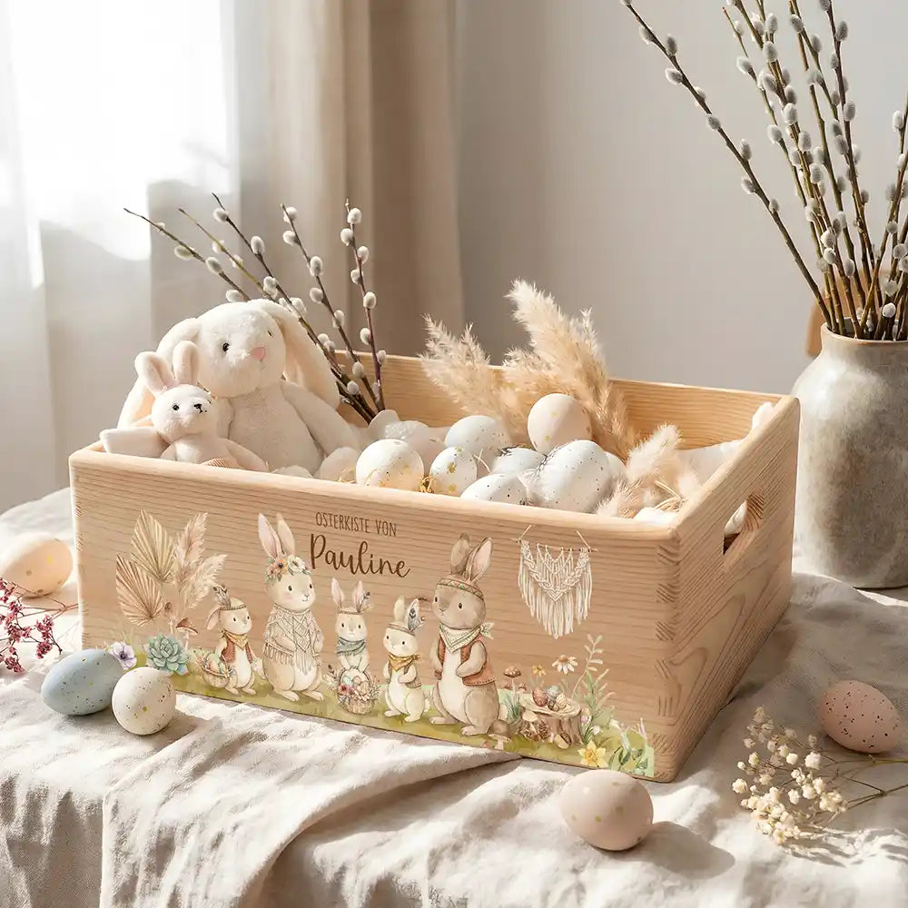 Osterkiste Holz personalisiert - glückliche Hasen