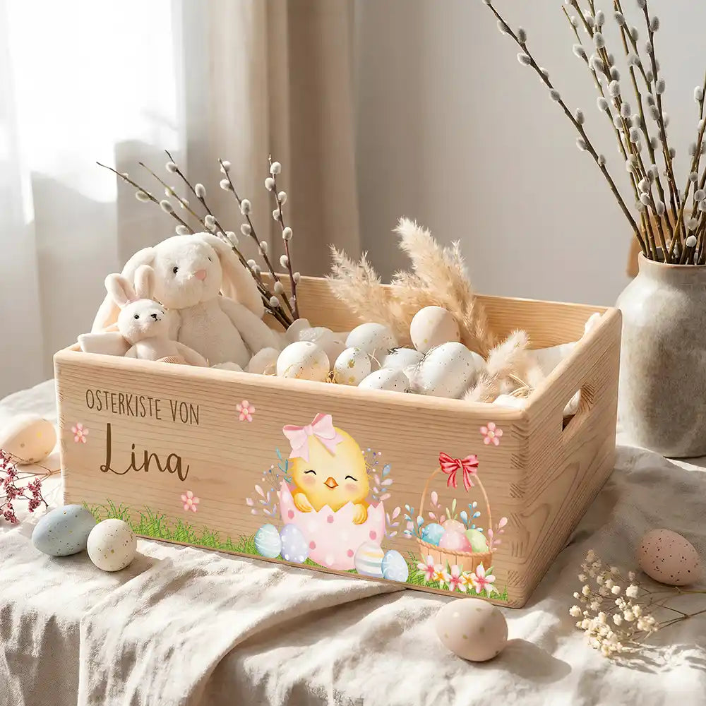 Osterkiste Holz personalisiert - Frühlingsküken