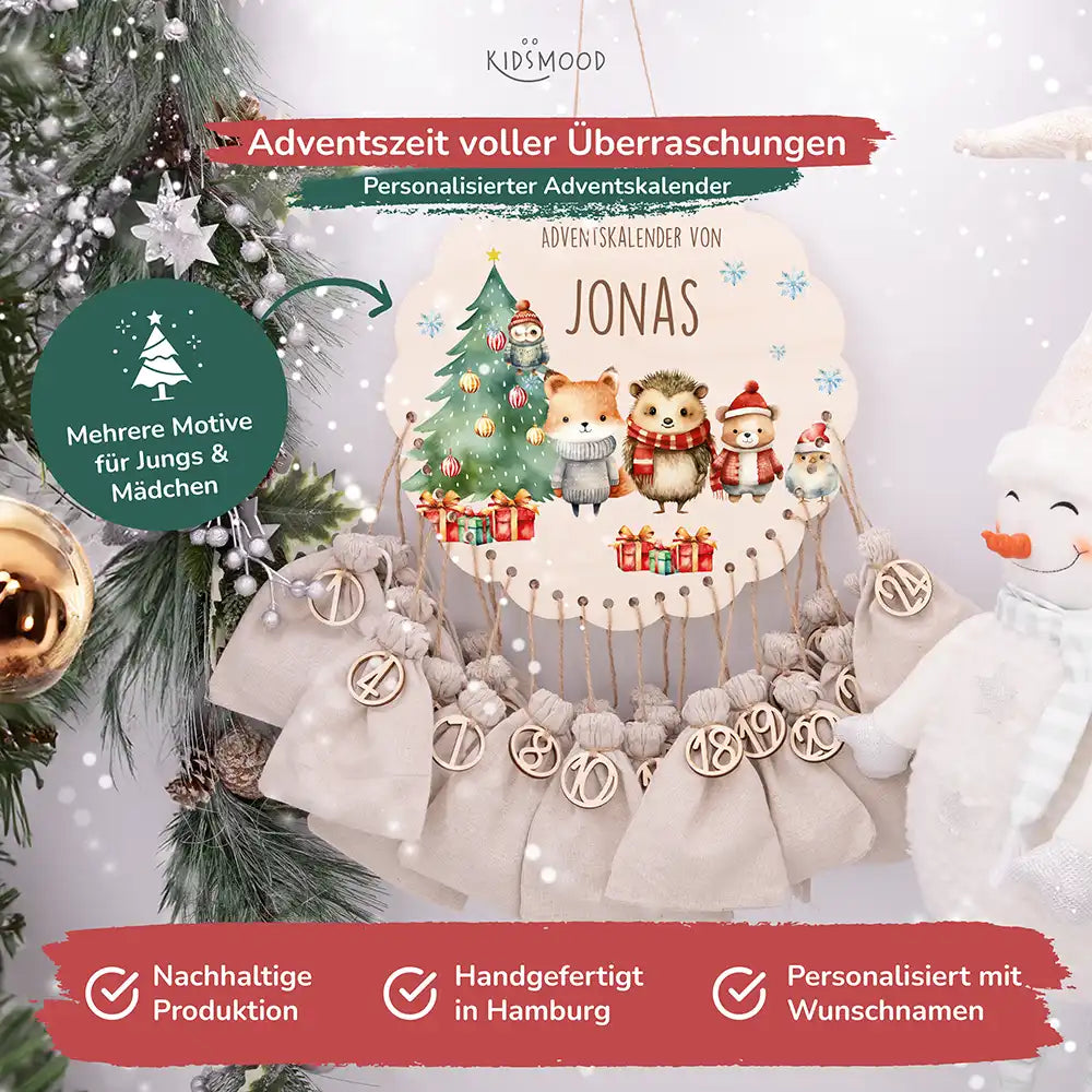 Personalisierter runder Adventskalender Kinder aus Holz  - Weihnachtsfreude