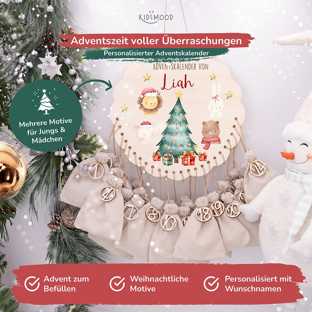 Personalisierter runder Adventskalender Kinder aus Holz  - Weihnachtliche Tierwelt
