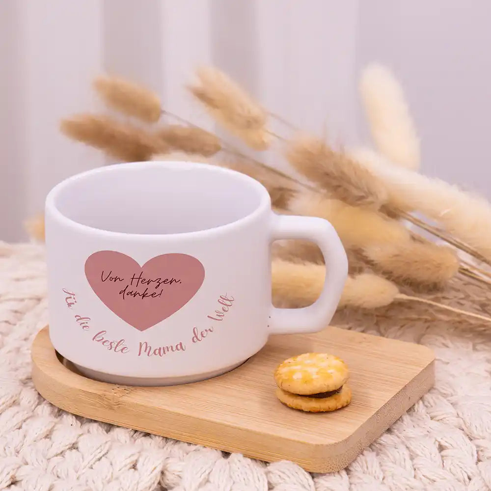 Personalisierte Kaffeetasse Mama Von Herzen danke – Rosa Herz – Keramik & Bambus