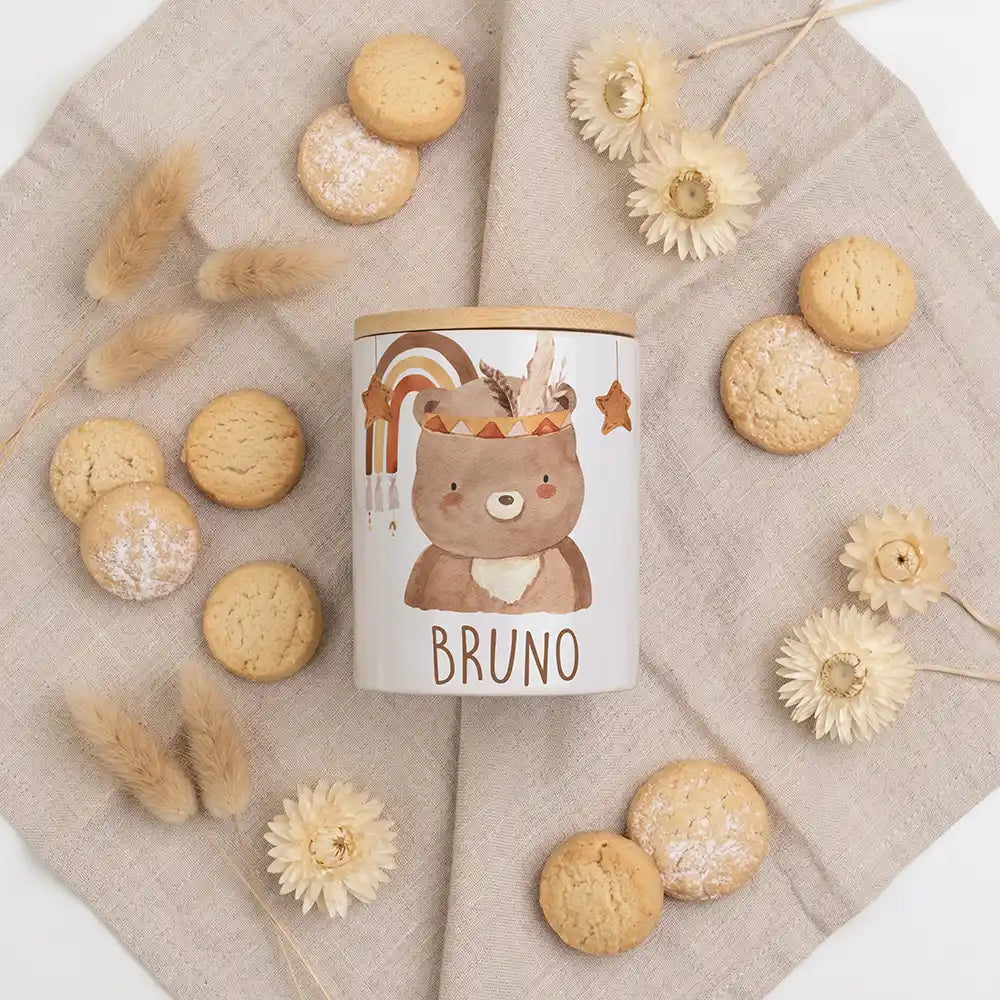 2-in-1 Keksdose Boho-Bär - Keramik mit Bambusdeckel