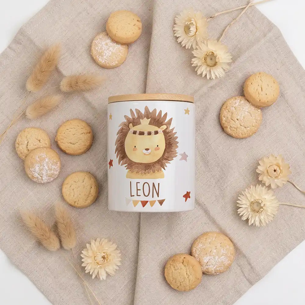 2-in-1 Keksdose Löwe Boho - Keramik mit Bambusdeckel