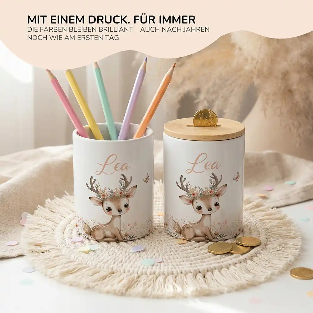 Spardose Reh Blumenkranz personalisiert – Keramik