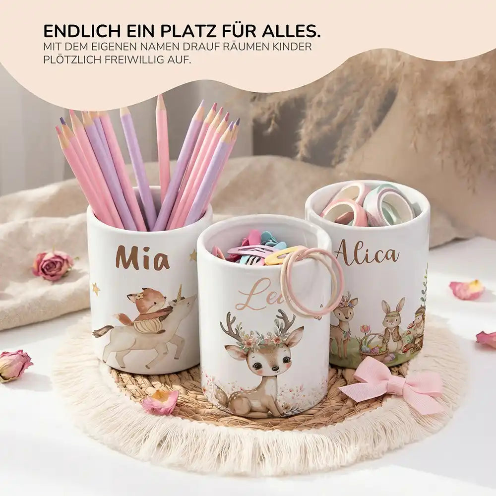 Personalisierter Stiftehalter Reh Blumenkranz - personalisiertes Geschenk mit Wunschnamen
