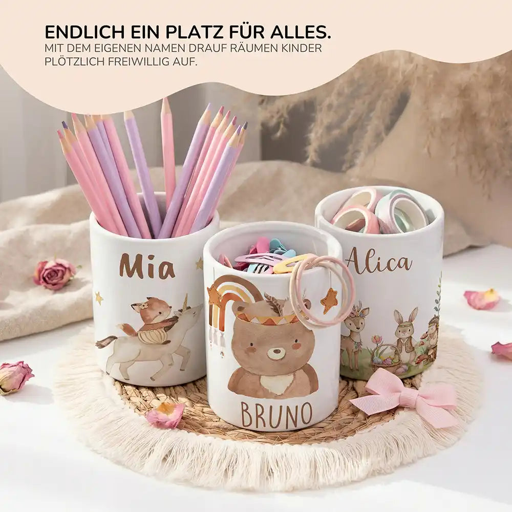 Personalisierter Stiftehalter Boho-Bär - personalisiertes Geschenk mit Wunschnamen