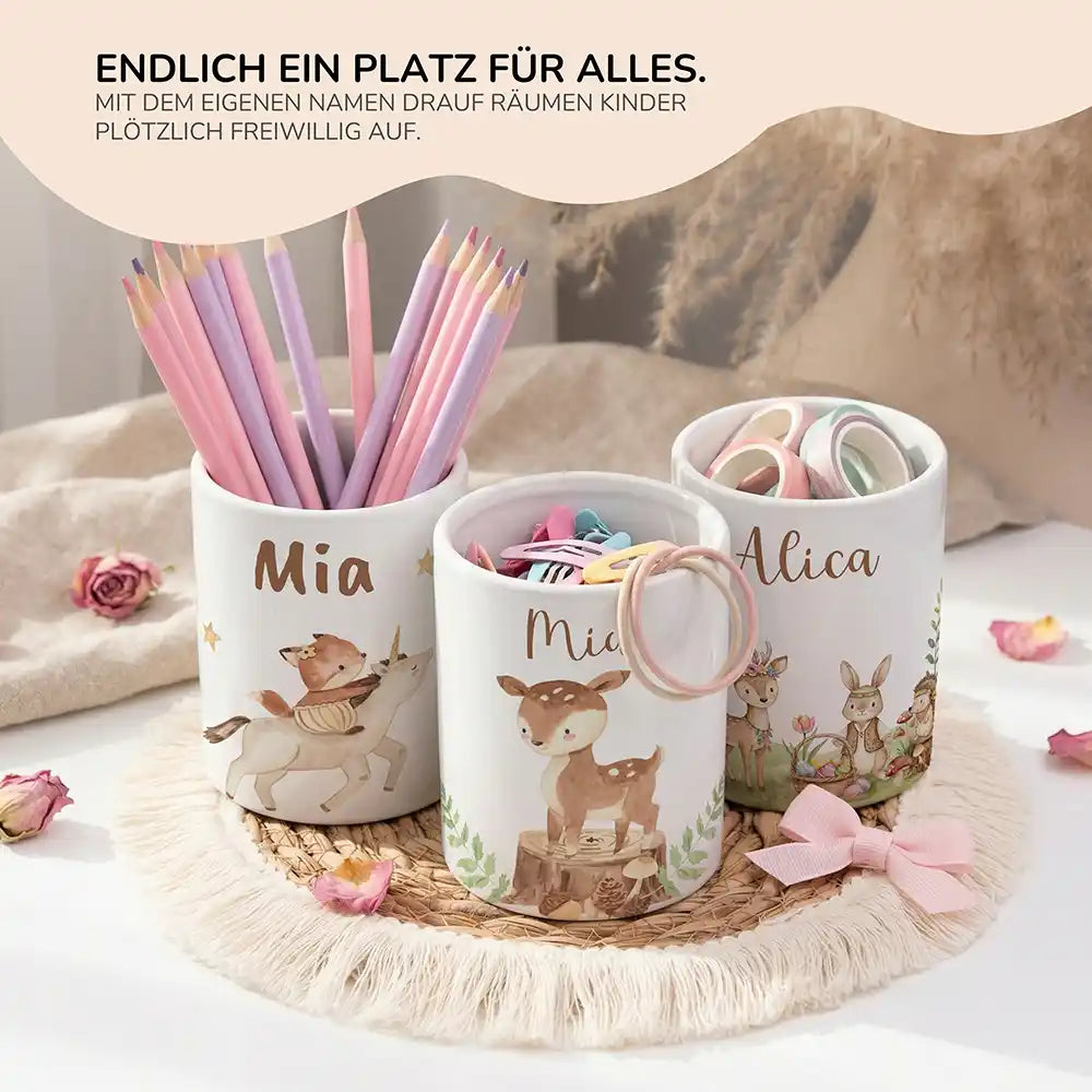 Personalisierter Stiftehalter Rehkitz Wald - personalisiertes Geschenk mit Wunschnamen
