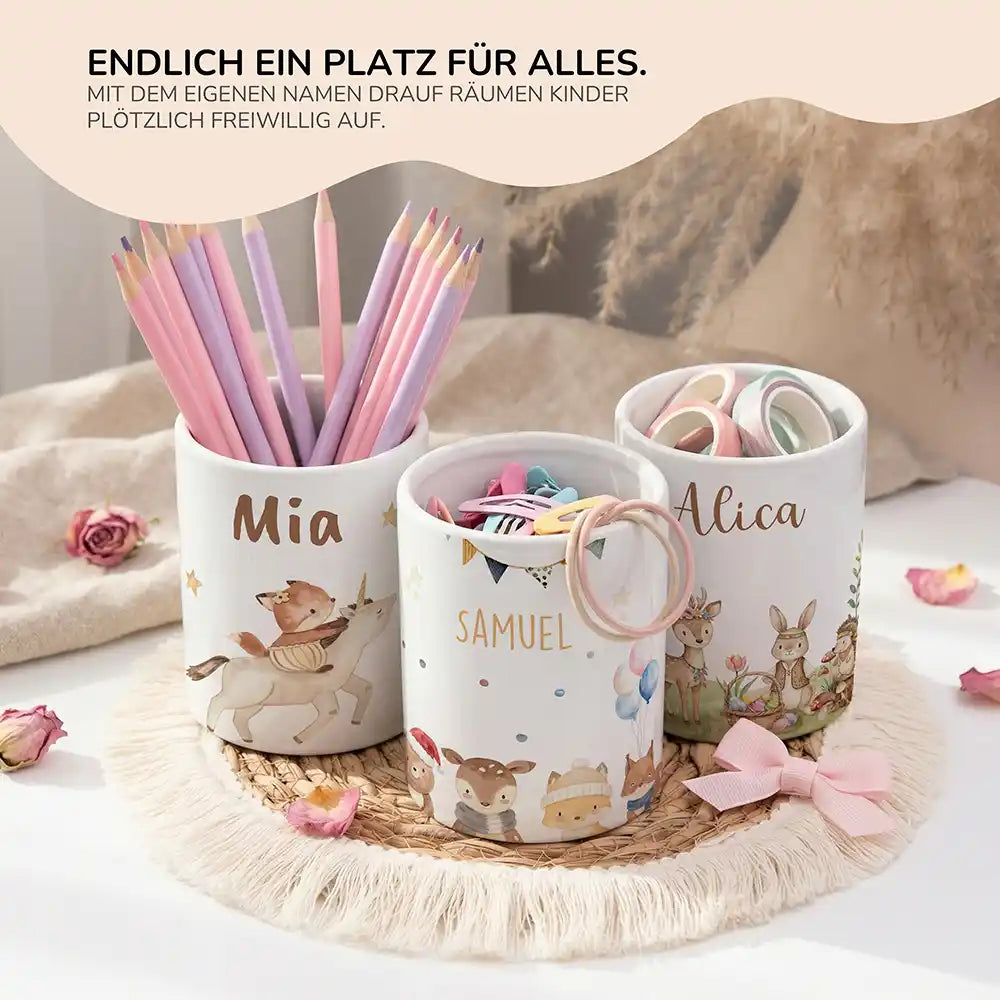Personalisierter Stiftehalter Waldtiere Geburtstag - personalisiertes Geschenk mit Wunschnamen