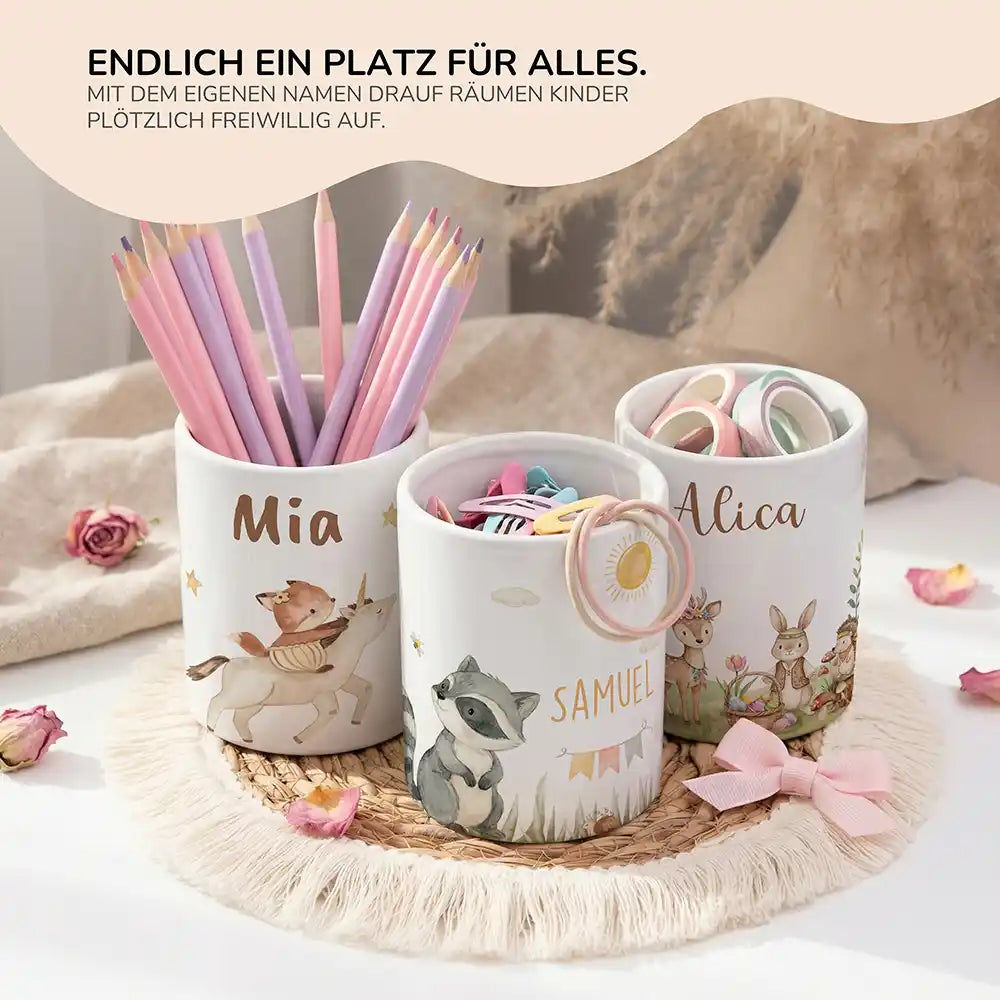Personalisierter Stiftehalter Waschbär Sommer - personalisiertes Geschenk mit Wunschnamen