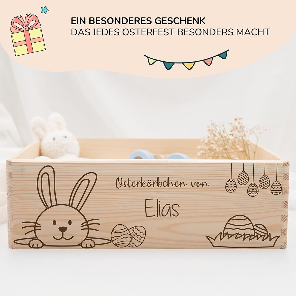 Osterkiste Holz personalisiert - Der lächelnde Hase