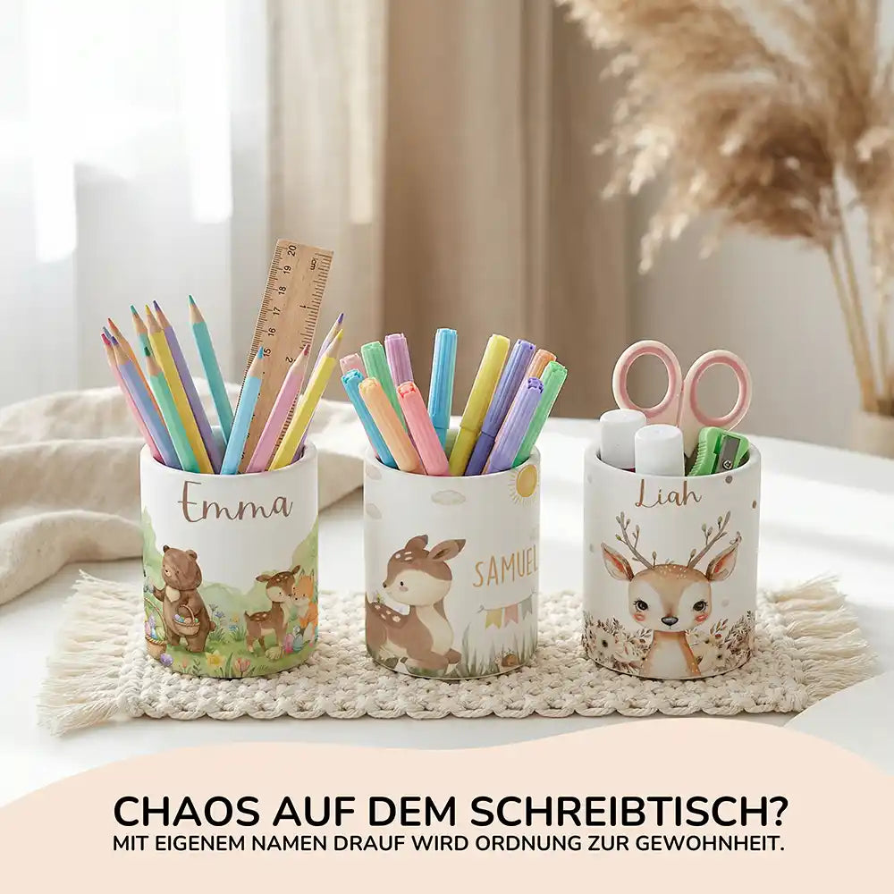 Personalisierte Spardose Rehkitz Sonne – Keramik & Bambus mit Wunschname