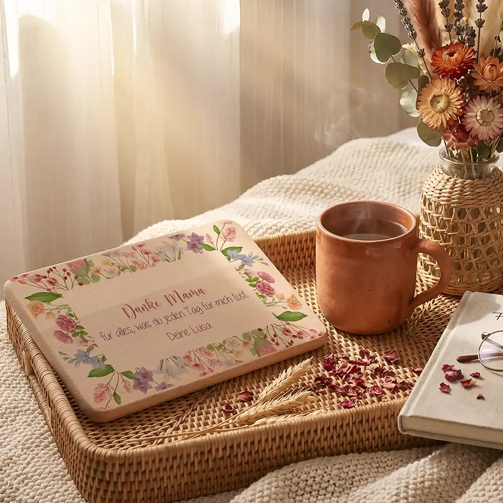 Personalisiertes Frühstücksbrettchen Muttertag Danke Mama Blütenrahmen – Motiv-Detail in Naturholz