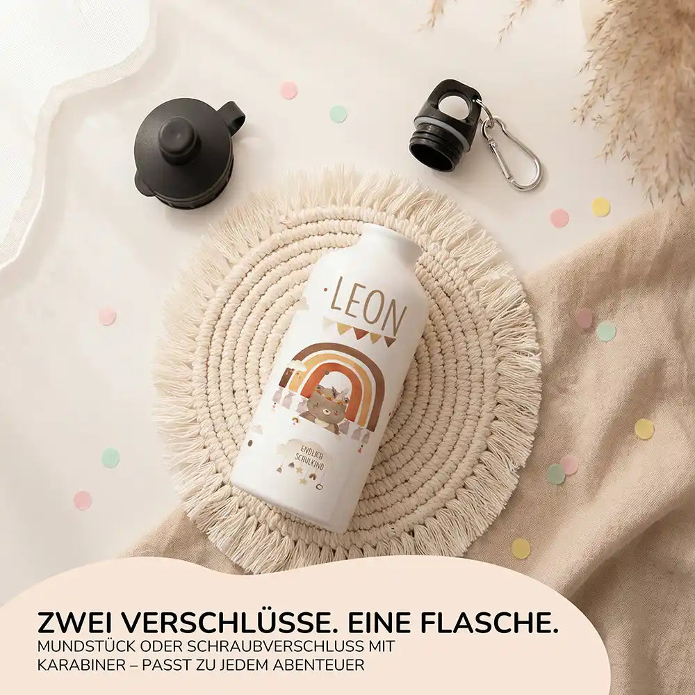 Personalisierte Trinkflasche Kinder Bär Regenbogen Schulkind – Alu für Schule, Sport & Ausflug
