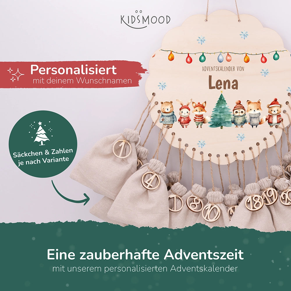 Personalisierter runder Adventskalender Kinder aus Holz  - Niedliche Waldfreunde