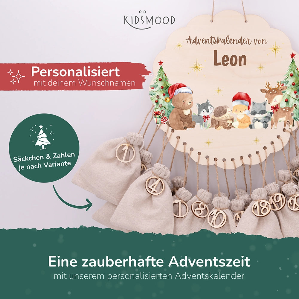 Personalisierter runder Adventskalender Kinder aus Holz  - Winterwunderland