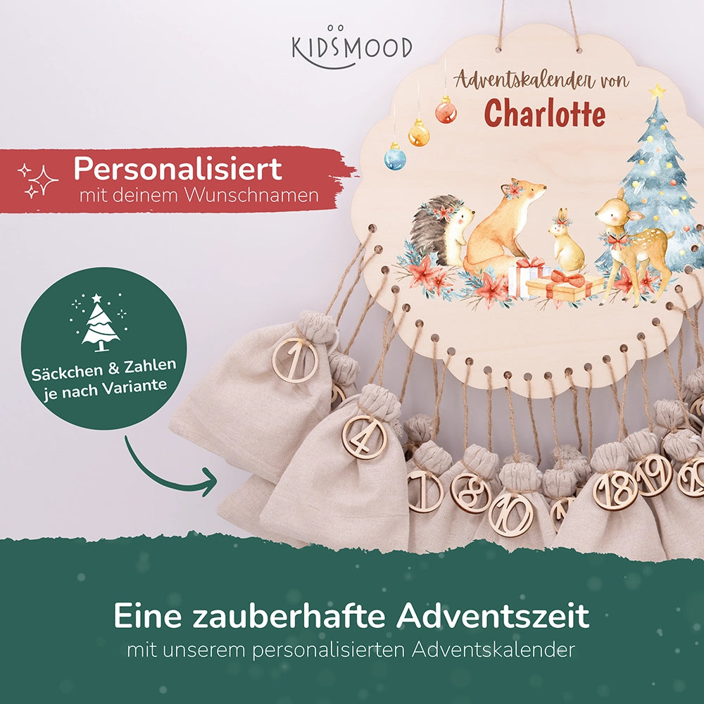 Personalisierter runder Adventskalender Kinder aus Holz  - Winterwaldtiere
