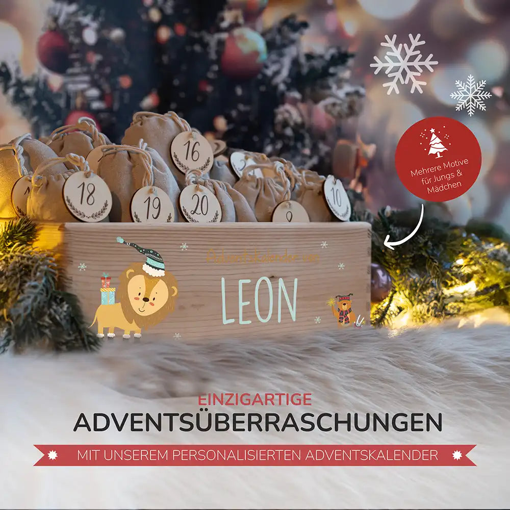 Personalisierte Adventskiste zum Befüllen - Löwe und Bär