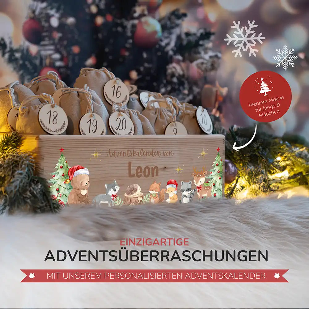 Personalisierte Adventskiste zum Befüllen - Niedliche Waldtiere