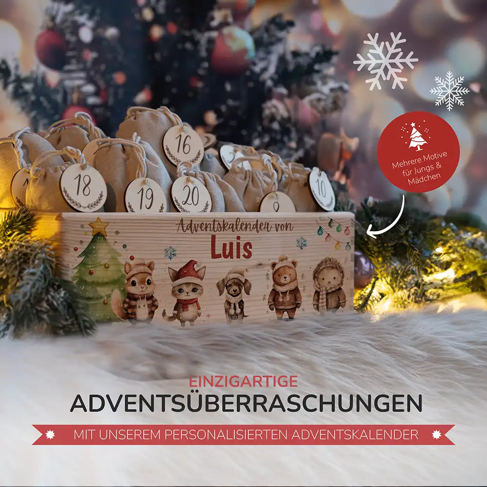 Personalisierte Adventskiste zum Befüllen - Tierfamilie im Winterwald