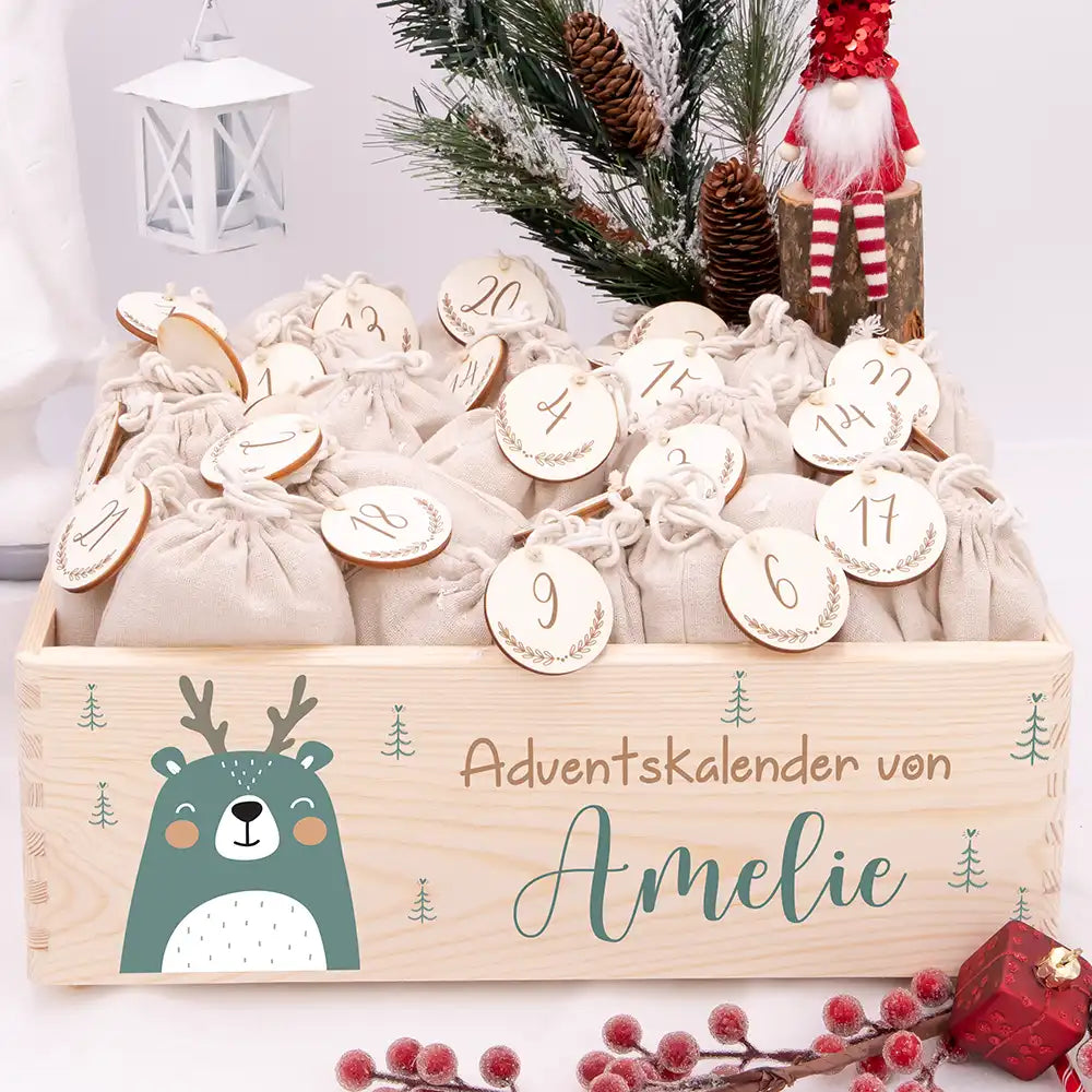 Personalisierte Adventskiste zum Befüllen - Boho Reh