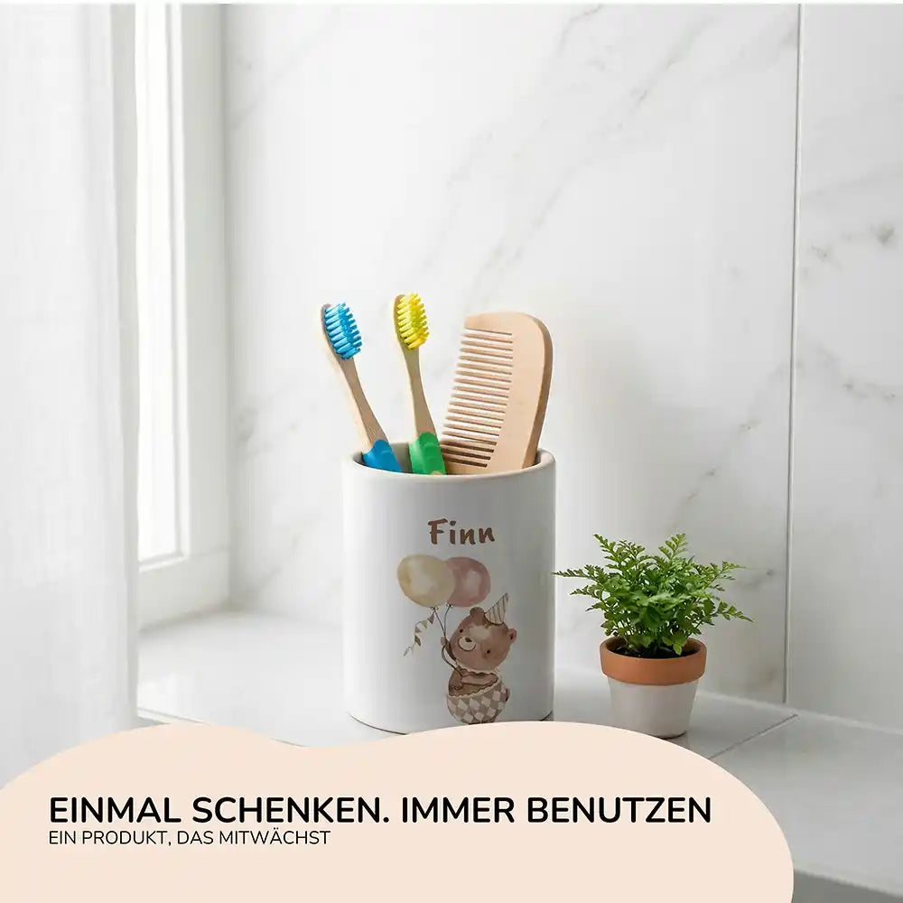 Personalisierter Stiftehalter Bär Geburtstag - Geschenk zur Einschulung mit Namen
