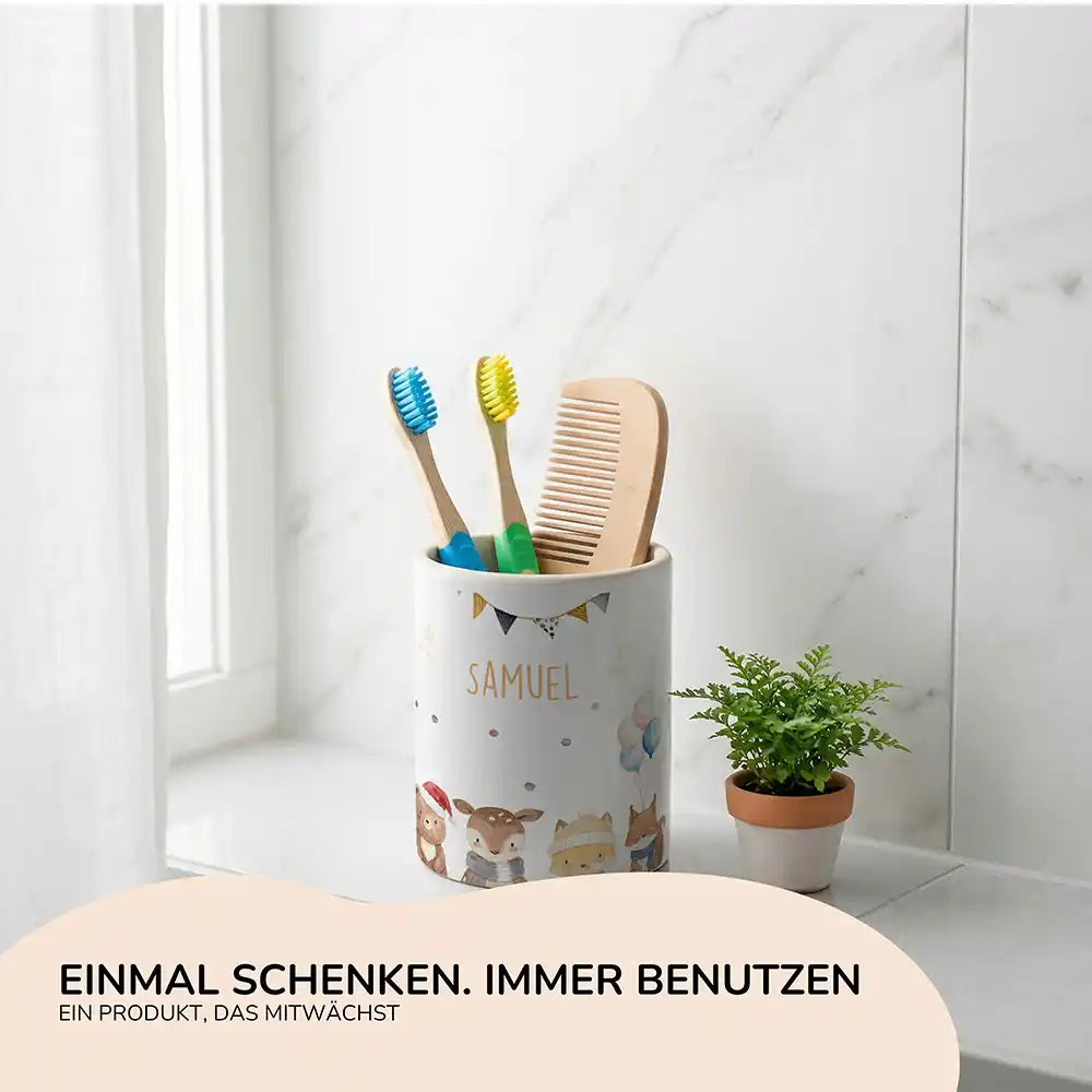 Personalisierter Stiftehalter Waldtiere Geburtstag - Geschenk zur Einschulung mit Namen