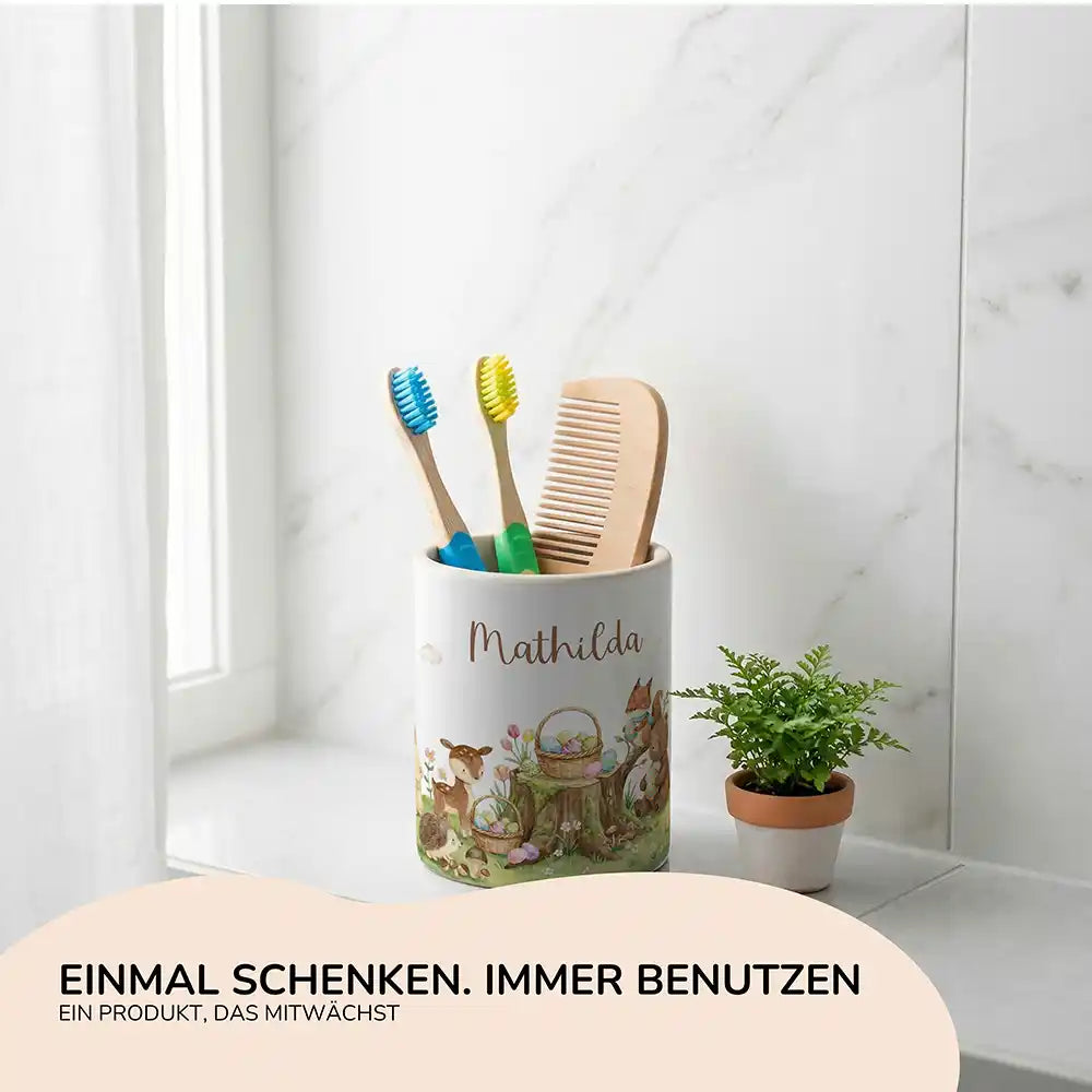 Personalisierter Stiftehalter Ostern Rehkitz - Geschenk zur Einschulung mit Namen
