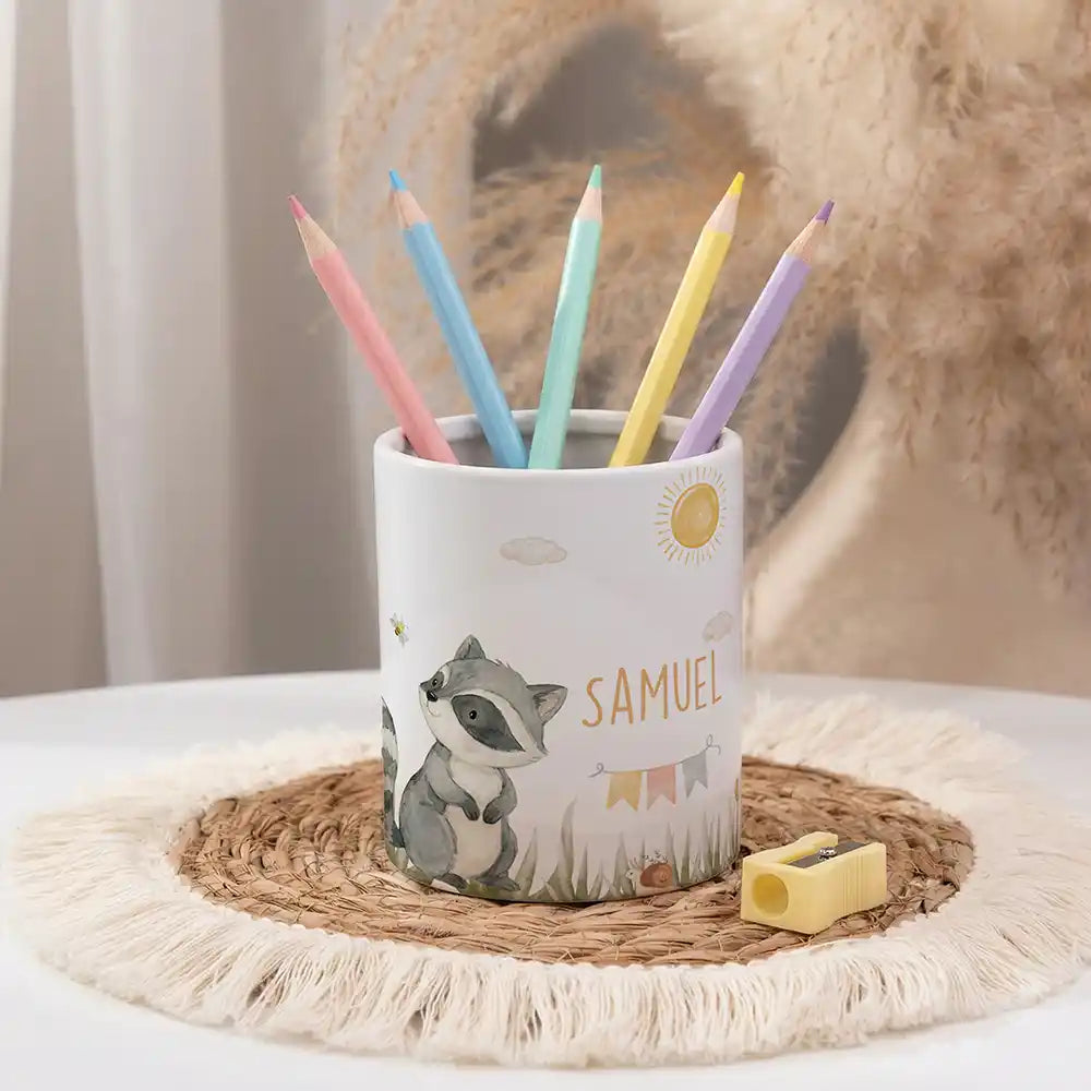 Personalisierter Stiftehalter Waschbär Sommer - personalisiert mit Wunschname