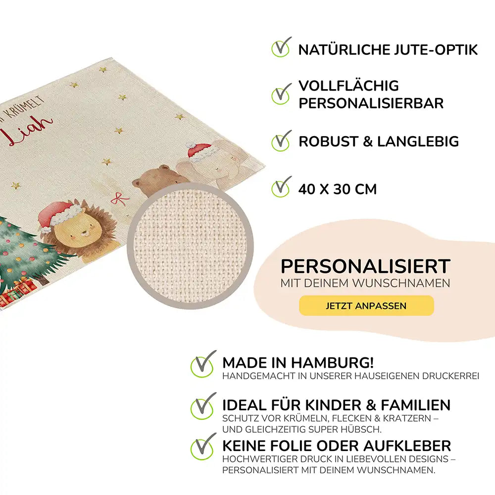 Tischset Kinder personalisiert Weihnachtsmotiv - Weihnachtswald-Tiertruppe