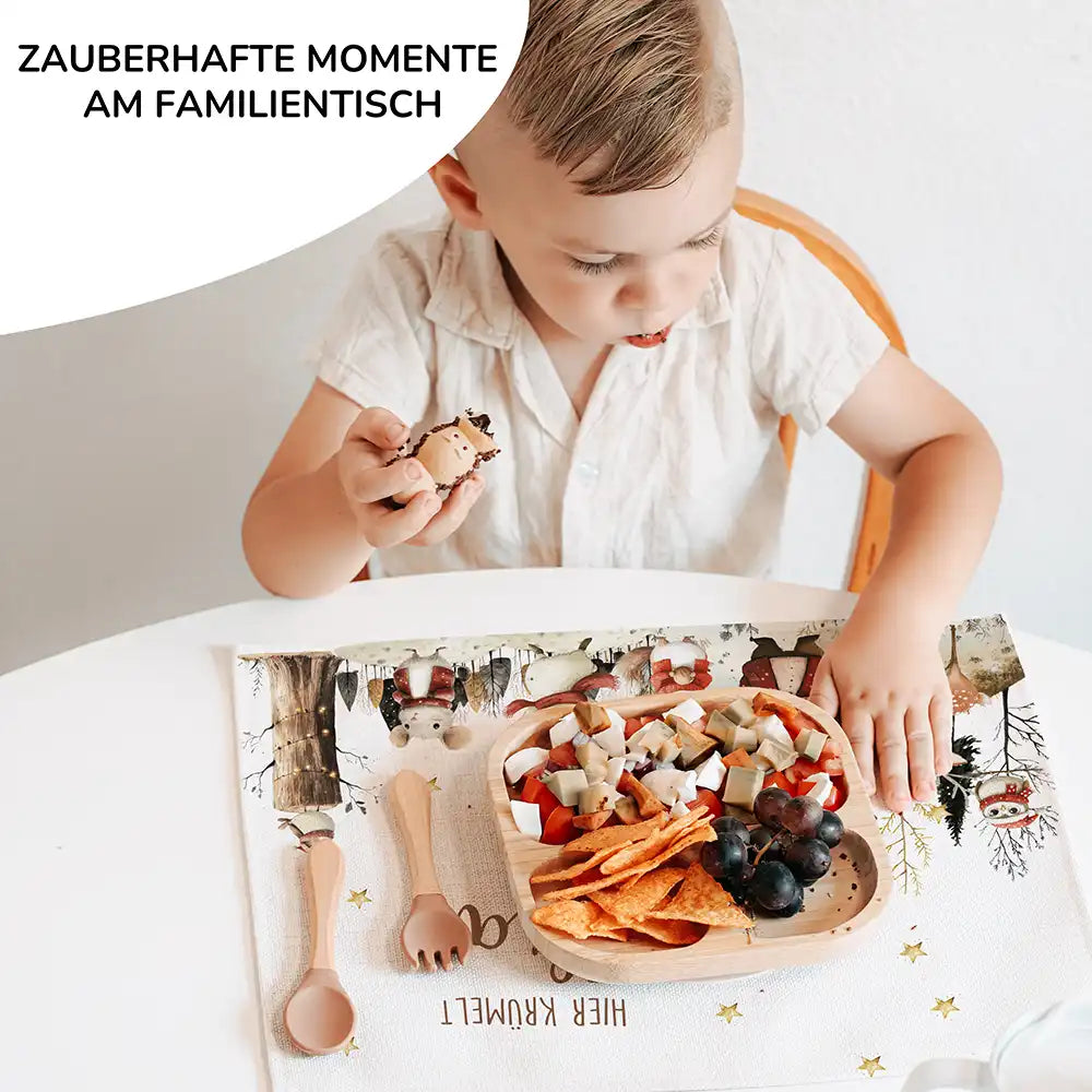 Tischset Kinder personalisiert Weihnachtsmotiv - Festliche Tierchen im Schnee