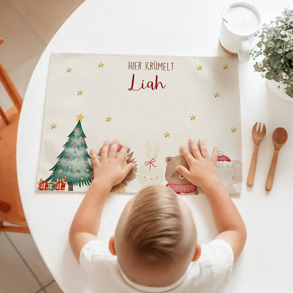 Tischset Kinder personalisiert Weihnachtsmotiv - Weihnachtswald-Tiertruppe