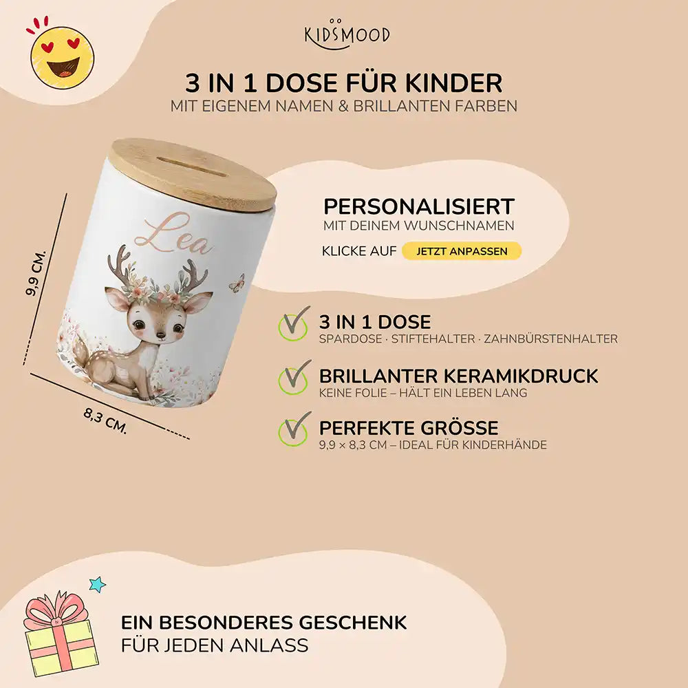 personalisiertes kindergeschirr bambus Spardose Reh Blumenkranz personalisiert – Keramik