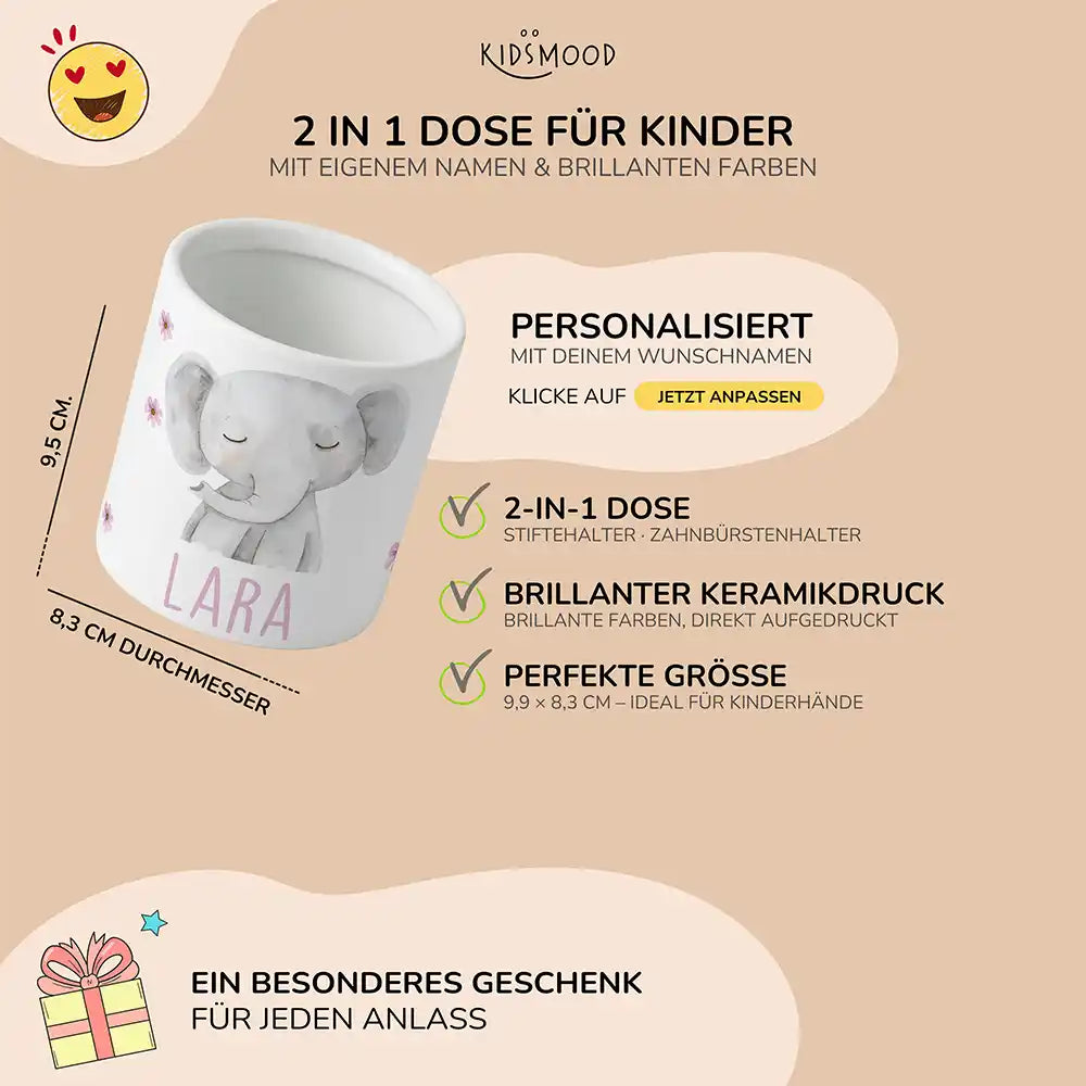 Personalisierter Stiftehalter Elefant Blumen - liebevolle Geschenkidee fürs Kinderzimmer