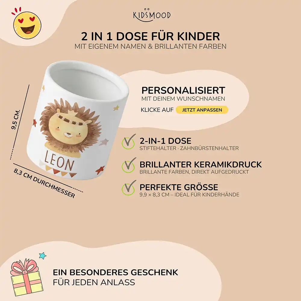 Personalisierter Stiftehalter Löwe Boho - liebevolle Geschenkidee fürs Kinderzimmer